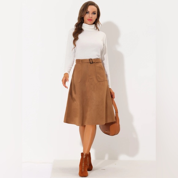 Allegra K Casual Faux Suede Pockets Stretch A-Line
Midi Skirt With Belt - Picture 1 of 8